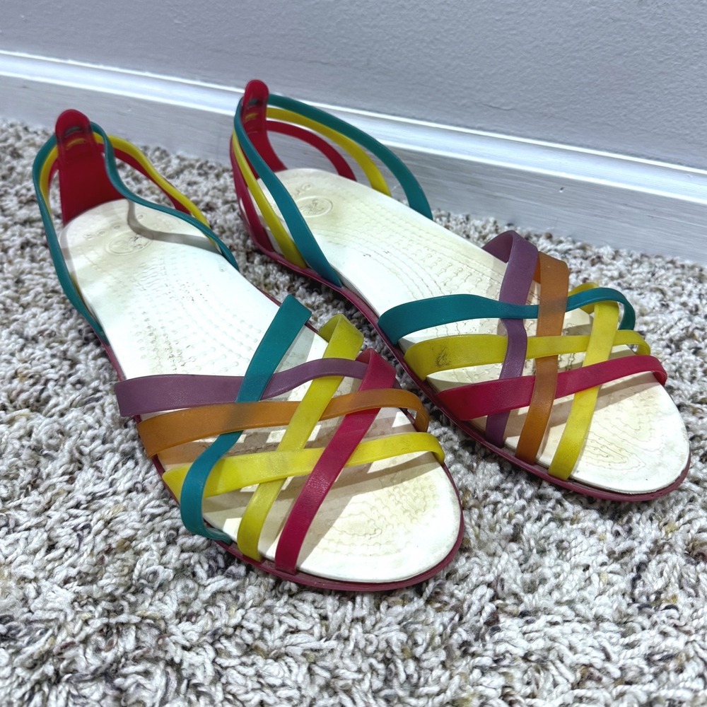 Crocs Huariache Flat Sandals Womens 9 Multi Color Rainbow Jelly Strappy 14121